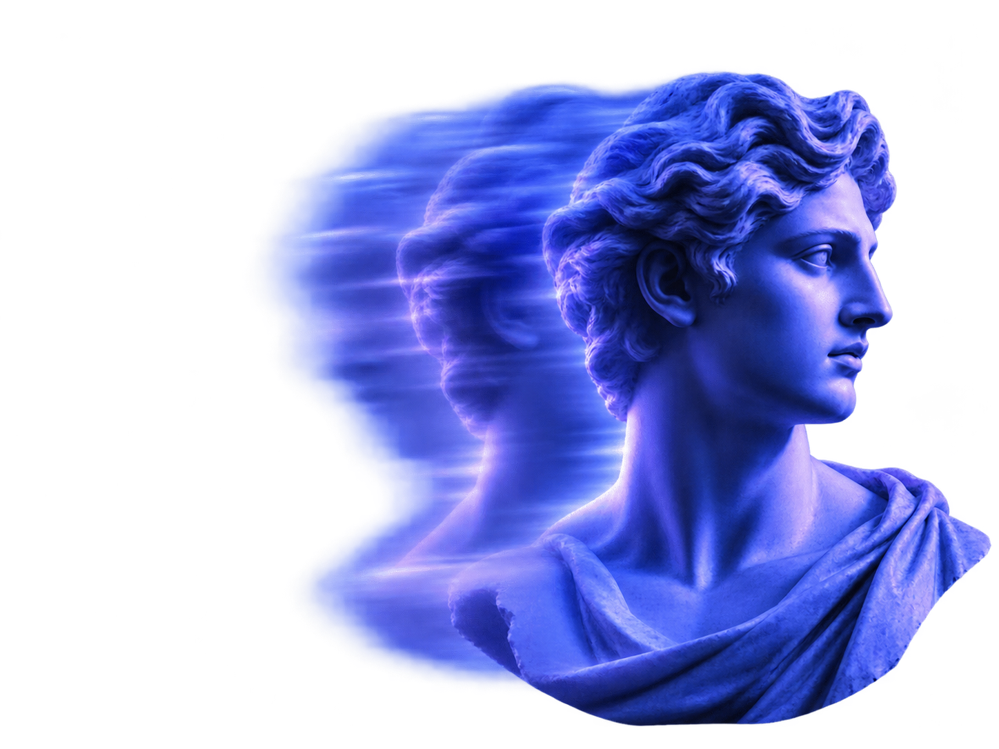 An electric blue sculpture with blurred, overlapping profiles