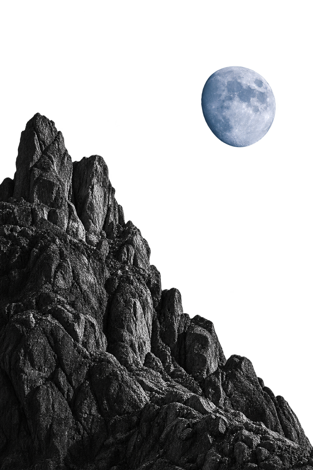 A pale moon above a jagged black cliff against an electric blue sky